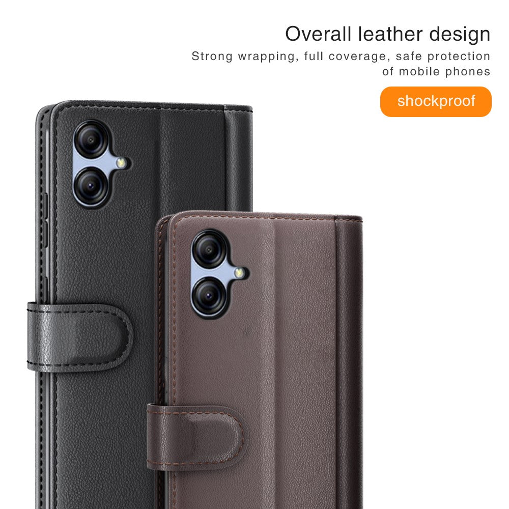 Til Samsung Galaxy A04e 4G / F04 4G / M04 4G etui ægte splittet læder telefoncover med kortholder og stativfunktion