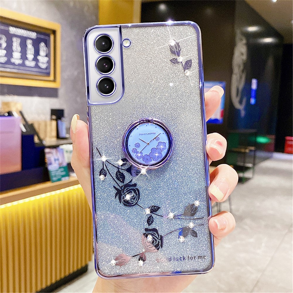 KADEM For Samsung Galaxy S21 5G / 4G TPU Case with Kickstand Glitter Flower Pattern Rhinestone Decor