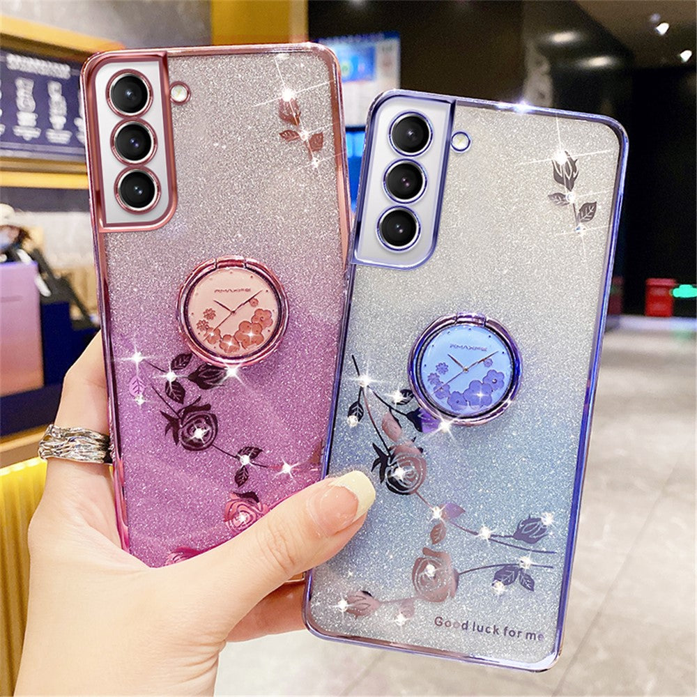 KADEM For Samsung Galaxy S21 5G / 4G TPU Case with Kickstand Glitter Flower Pattern Rhinestone Decor