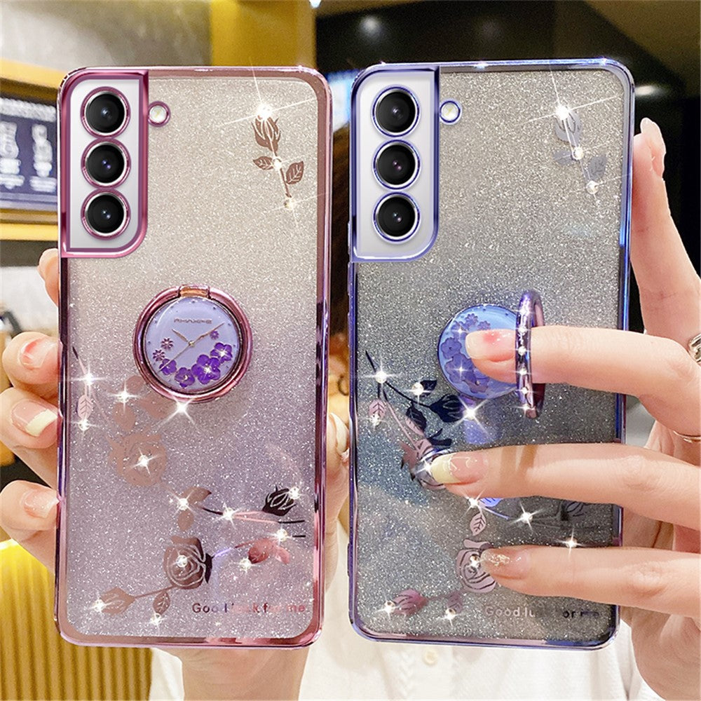 KADEM For Samsung Galaxy S21 5G / 4G TPU Case with Kickstand Glitter Flower Pattern Rhinestone Decor
