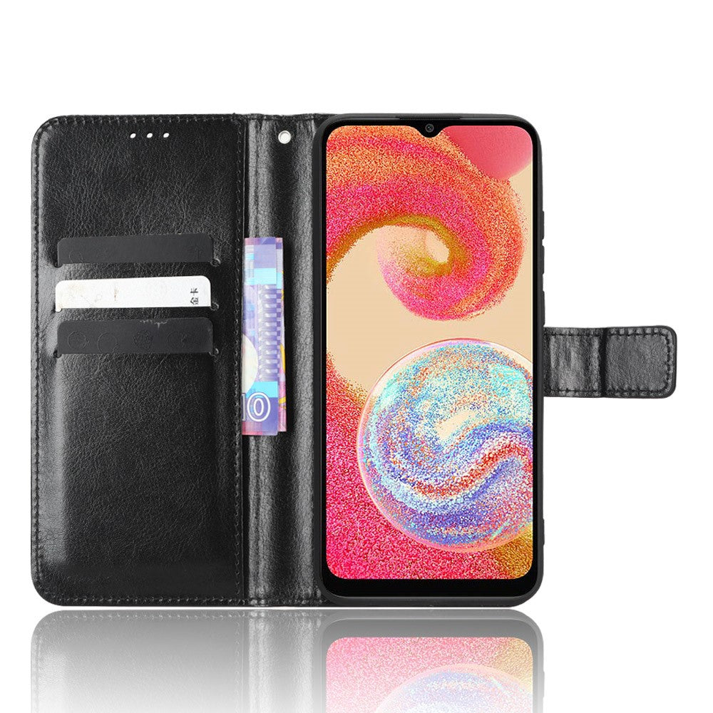 Fallsäkert mobilskal för Samsung Galaxy A04e 4G / F04 4G / M04 4G, Crazy Horse-textur, magnetiskt fällbart plånboksfodral i PU-läder med rem