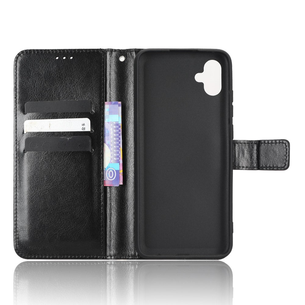 Fallsäkert mobilskal för Samsung Galaxy A04e 4G / F04 4G / M04 4G, Crazy Horse-textur, magnetiskt fällbart plånboksfodral i PU-läder med rem