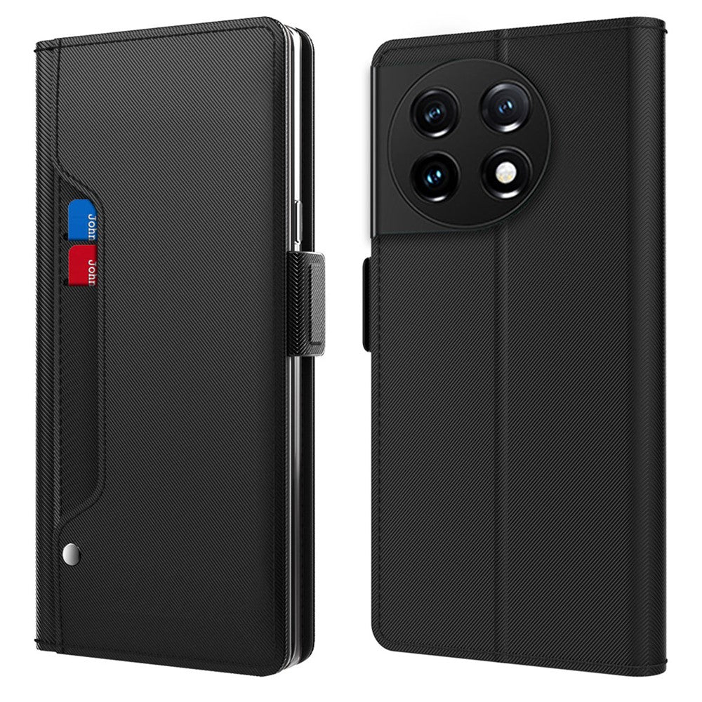 Fallskyddande mobilskal för OnePlus 11 5G, PU-läder+TPU vikbart stativ korthållare magnetiskt mobilskal med sminkspegel