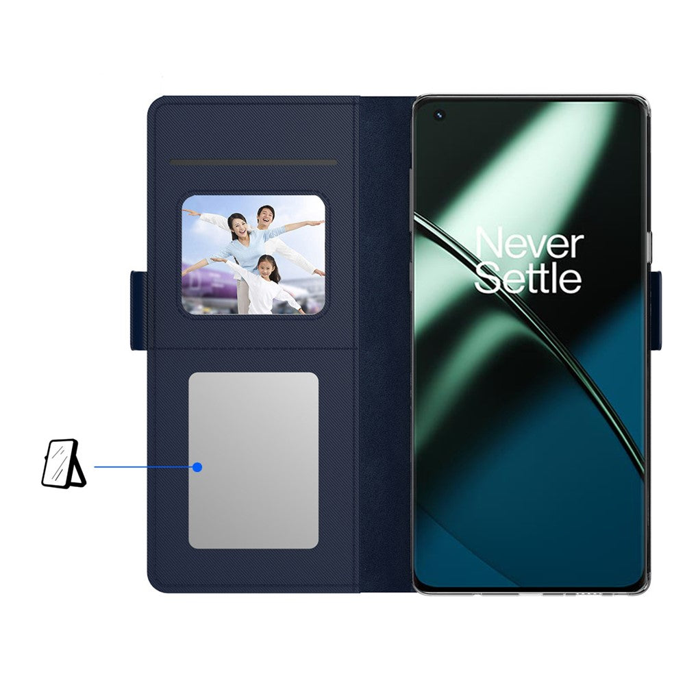 Fallskyddande mobilskal för OnePlus 11 5G, PU-läder+TPU vikbart stativ korthållare magnetiskt mobilskal med sminkspegel