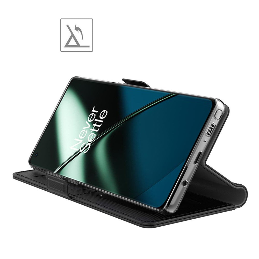 Fallskyddande mobilskal för OnePlus 11 5G, PU-läder+TPU vikbart stativ korthållare magnetiskt mobilskal med sminkspegel