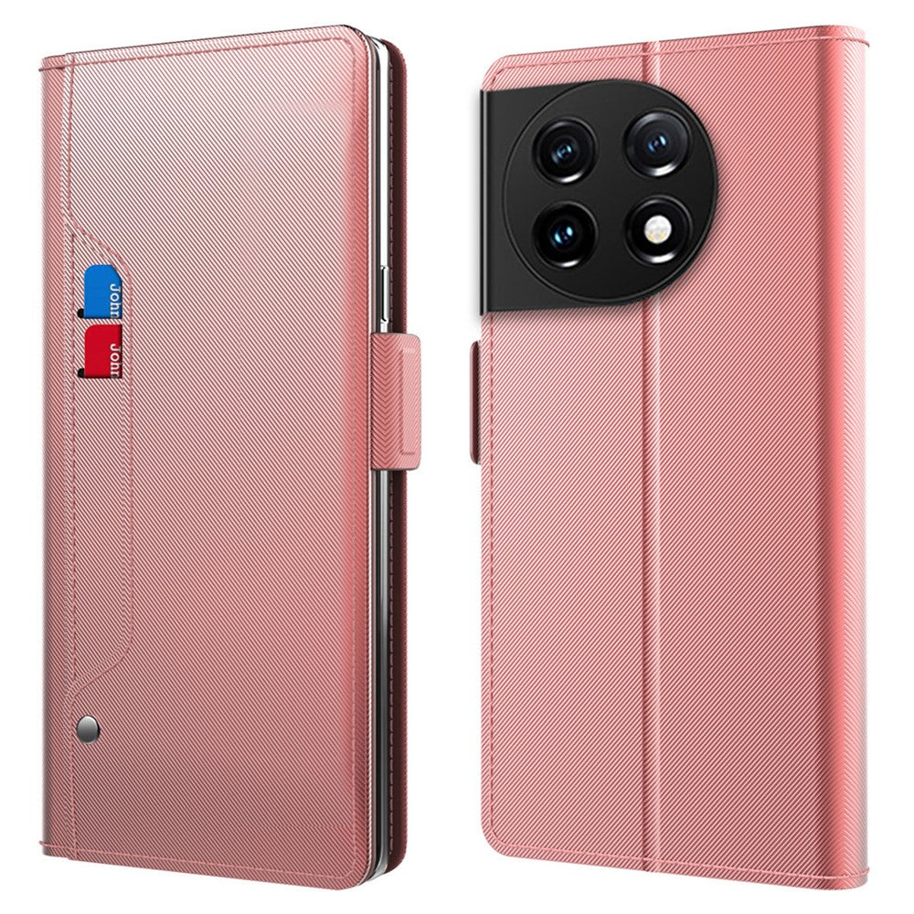 Fallskyddande mobilskal för OnePlus 11 5G, PU-läder+TPU vikbart stativ korthållare magnetiskt mobilskal med sminkspegel