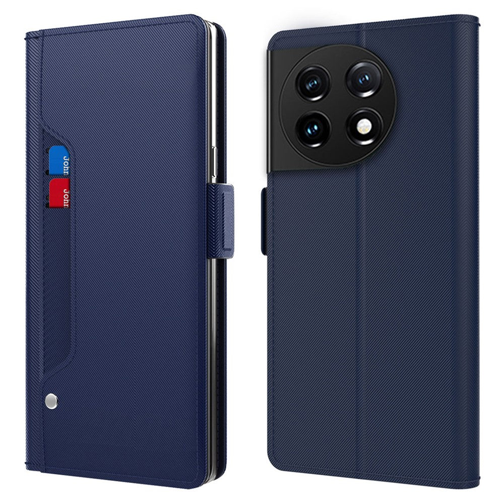 Fallskyddande mobilskal för OnePlus 11 5G, PU-läder+TPU vikbart stativ korthållare magnetiskt mobilskal med sminkspegel