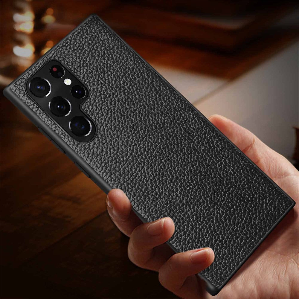 For Samsung Galaxy S23 Ultra Litchi Texture Phone Case Genuine Leather Coated PC + TPU Hybrid Cover