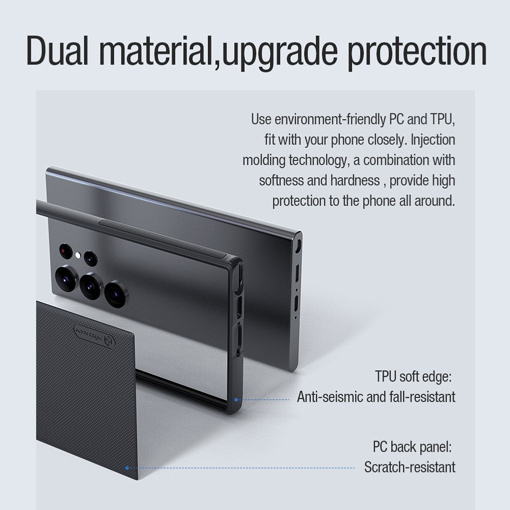 NILLKIN Frosted Shield Pro til Samsung Galaxy S23 Ultra, mat mobilcover i PC + TPU, stødsikkert hybridcover med bilholder og metalplade
