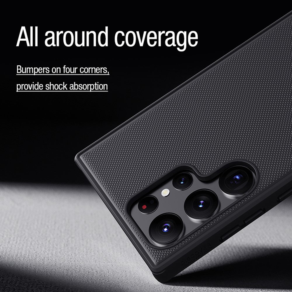 NILLKIN Frosted Shield Pro til Samsung Galaxy S23 Ultra, mat mobilcover i PC + TPU, stødsikkert hybridcover med bilholder og metalplade