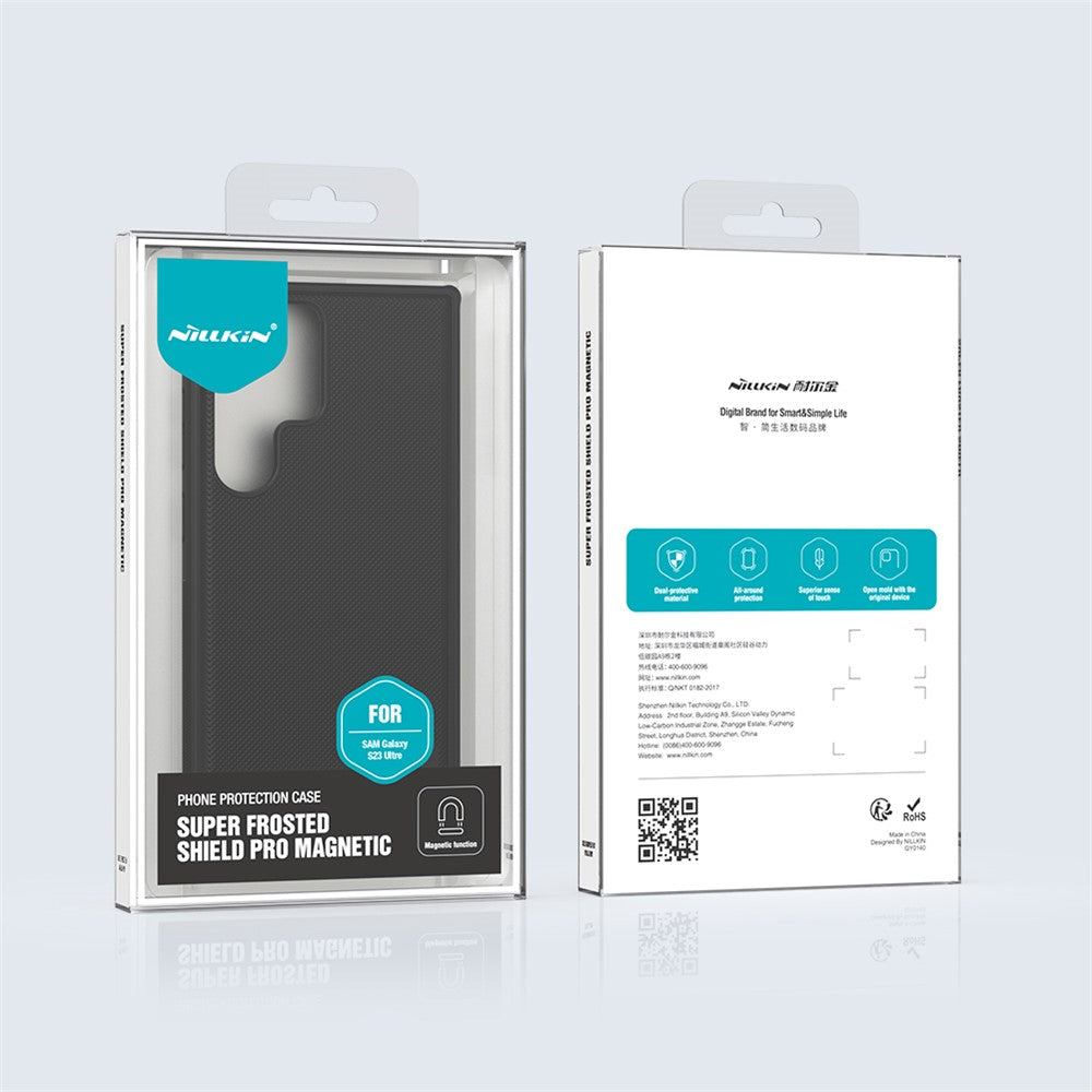 NILLKIN Frosted Shield Pro til Samsung Galaxy S23 Ultra, mat mobilcover i PC + TPU, stødsikkert hybridcover med bilholder og metalplade