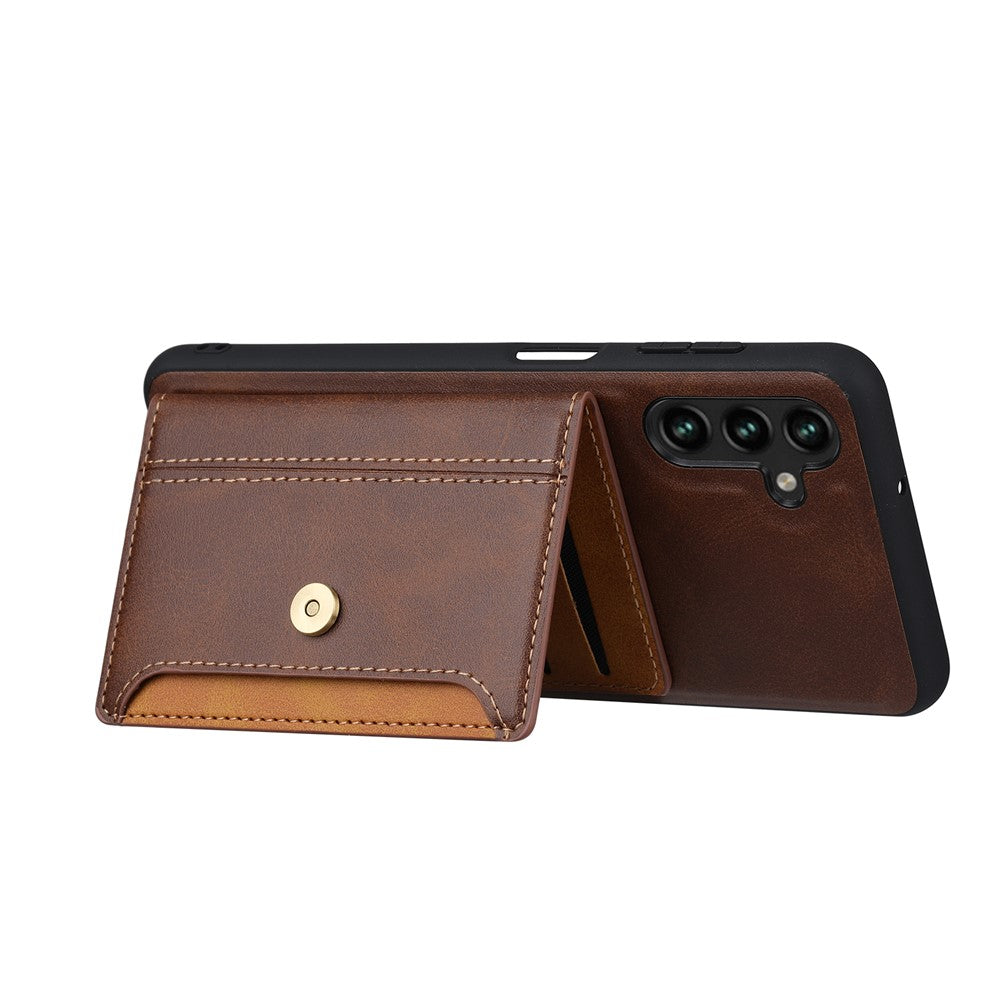 For Samsung Galaxy A34 5G Anti-scratch Calf Texture Phone Case Card Slots Kickstand PU Leather Coated TPU Protective Back Cover