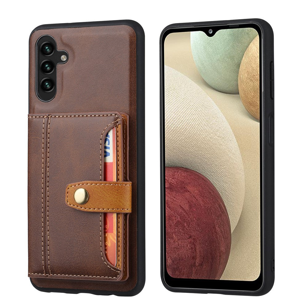 For Samsung Galaxy A34 5G Anti-scratch Calf Texture Phone Case Card Slots Kickstand PU Leather Coated TPU Protective Back Cover