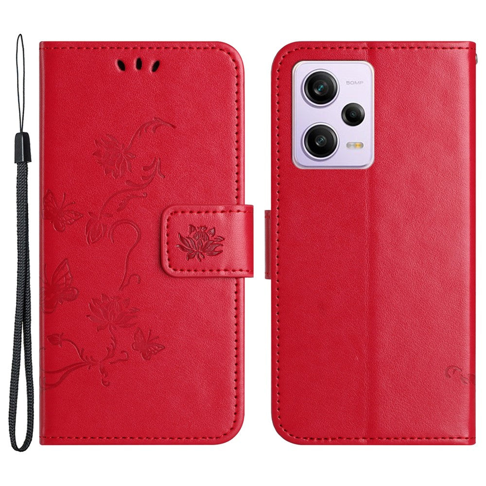 PU Leather Phone Cover For Xiaomi Redmi Note 12 Pro 5G, Imprinted Butterfly Flower Pattern Stand Wallet Phone Case with Strap