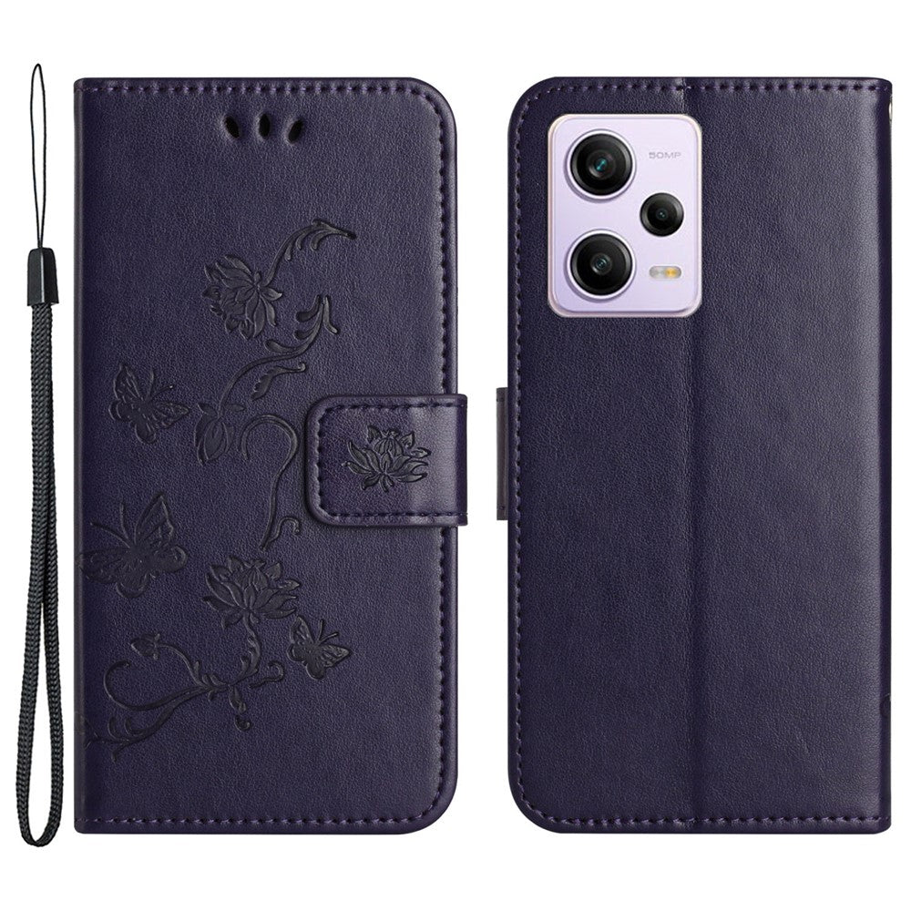PU Leather Phone Cover For Xiaomi Redmi Note 12 Pro 5G, Imprinted Butterfly Flower Pattern Stand Wallet Phone Case with Strap