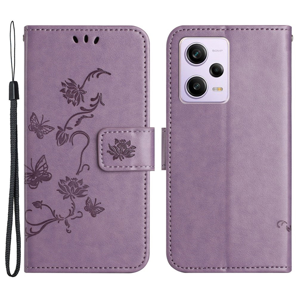PU Leather Phone Cover For Xiaomi Redmi Note 12 Pro 5G, Imprinted Butterfly Flower Pattern Stand Wallet Phone Case with Strap