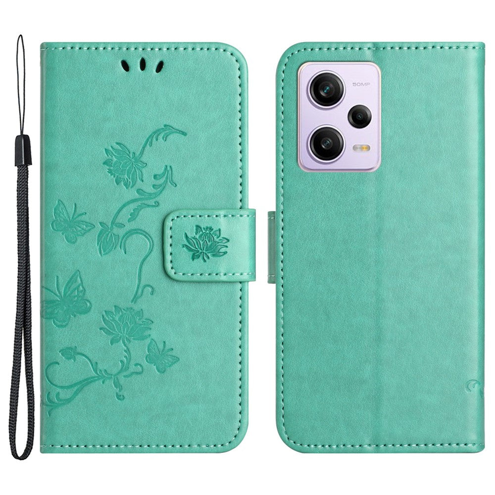 PU Leather Phone Cover For Xiaomi Redmi Note 12 Pro 5G, Imprinted Butterfly Flower Pattern Stand Wallet Phone Case with Strap