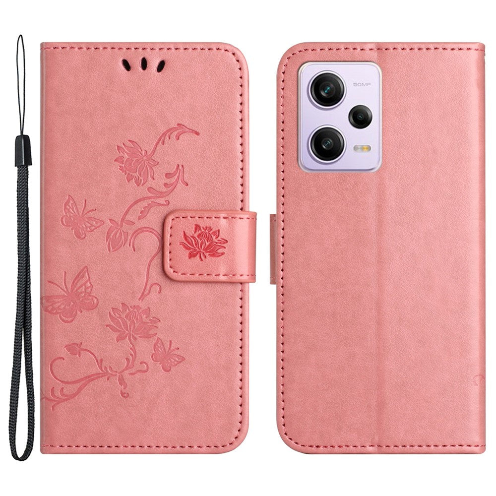 PU Leather Phone Cover For Xiaomi Redmi Note 12 Pro 5G, Imprinted Butterfly Flower Pattern Stand Wallet Phone Case with Strap