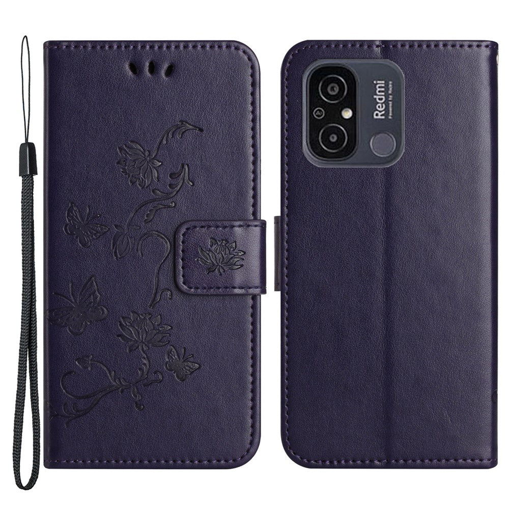 For Xiaomi Redmi 11A 4G Imprinted Butterfly Flower Pattern PU Leather Flip Phone Cover Stand Magnetic Wallet Folio Case with Strap