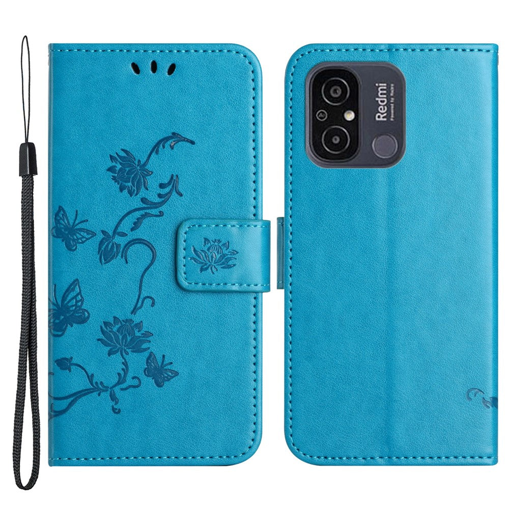 For Xiaomi Redmi 11A 4G Imprinted Butterfly Flower Pattern PU Leather Flip Phone Cover Stand Magnetic Wallet Folio Case with Strap