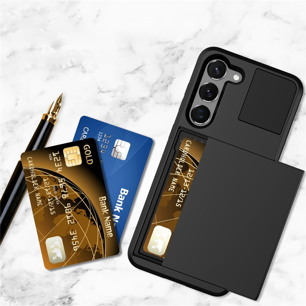 Sliding Card Slot Phone Cover for Samsung Galaxy S23+, PC + TPU Anti-scratch Hybrid Case