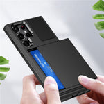 Skjutbart korthållarfodral för Samsung Galaxy S23 Ultra, fallsäkert PC + TPU-skyddsfodral