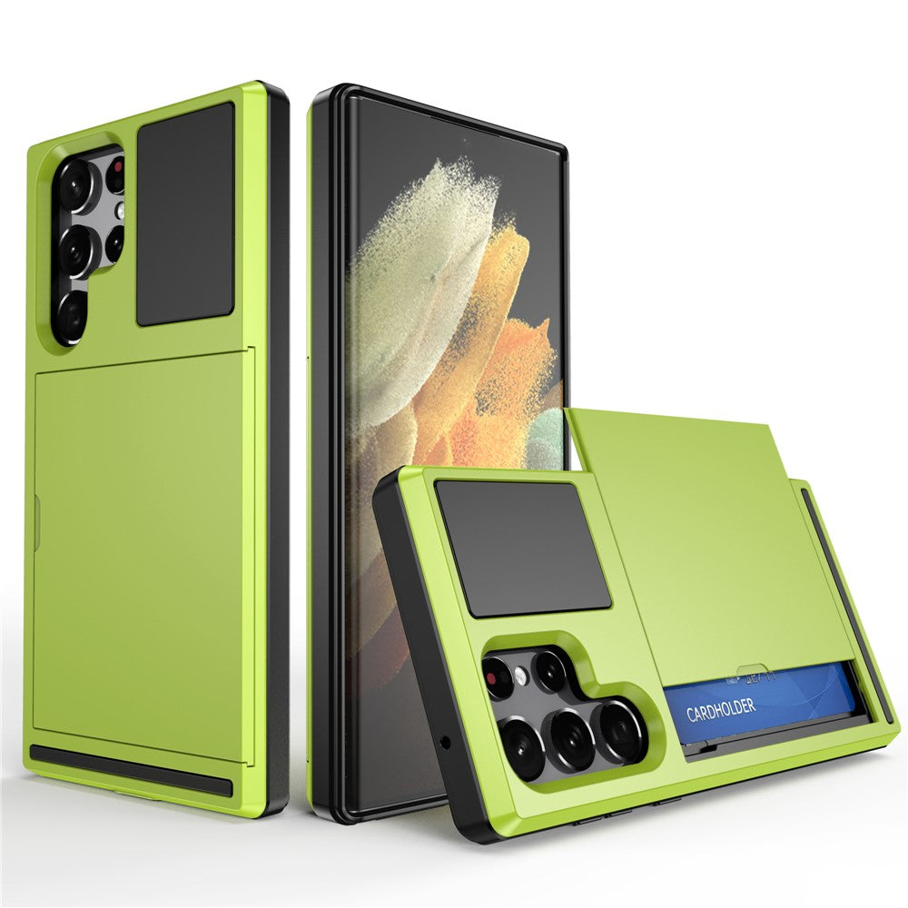 Skjutbart korthållarfodral för Samsung Galaxy S23 Ultra, fallsäkert PC + TPU-skyddsfodral