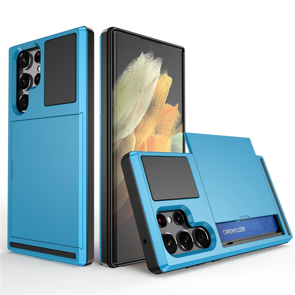 Skjutbart korthållarfodral för Samsung Galaxy S23 Ultra, fallsäkert PC + TPU-skyddsfodral