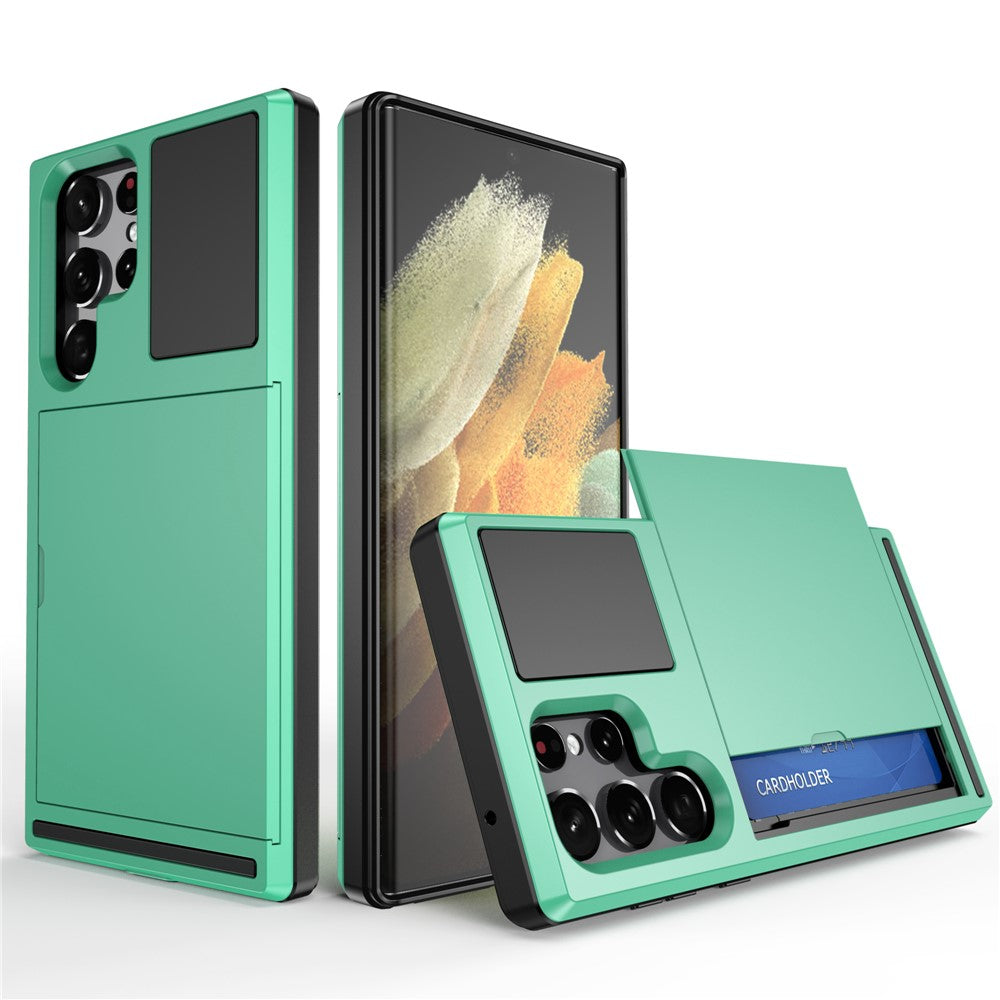 Skjutbart korthållarfodral för Samsung Galaxy S23 Ultra, fallsäkert PC + TPU-skyddsfodral