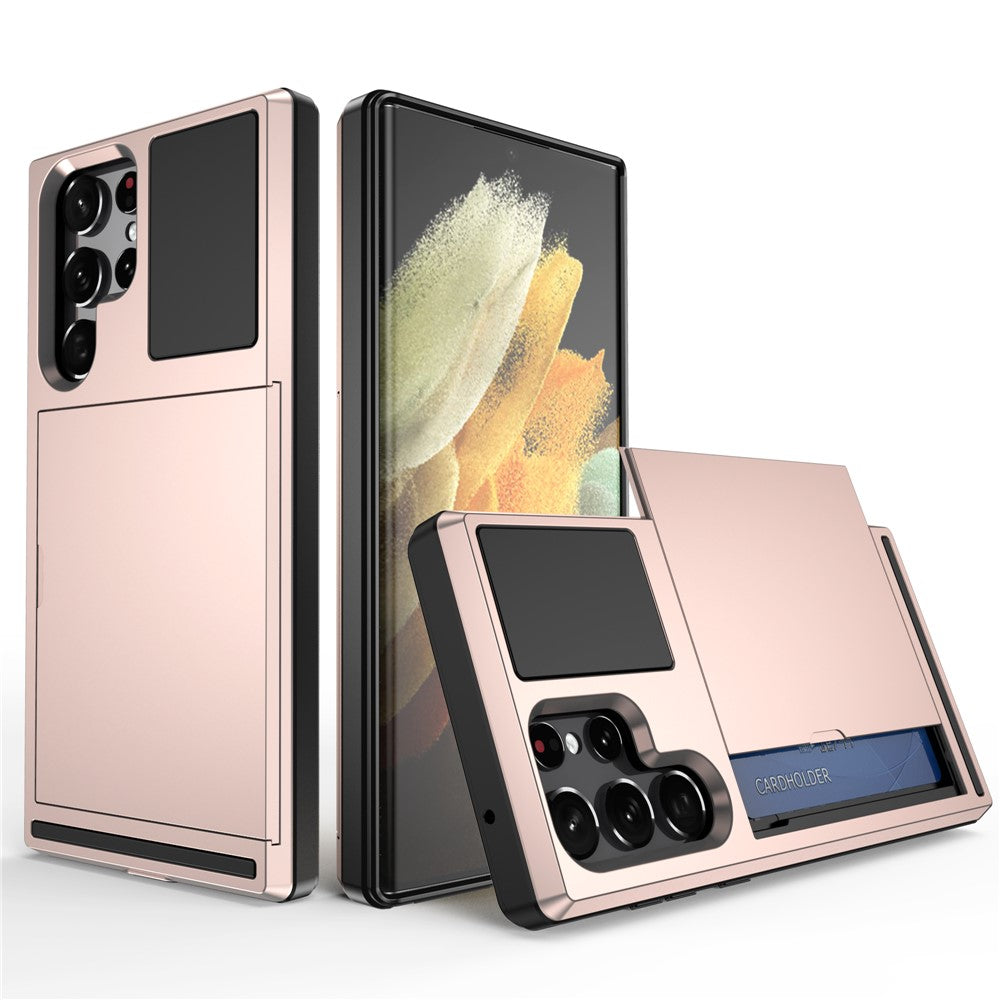 Skjutbart korthållarfodral för Samsung Galaxy S23 Ultra, fallsäkert PC + TPU-skyddsfodral
