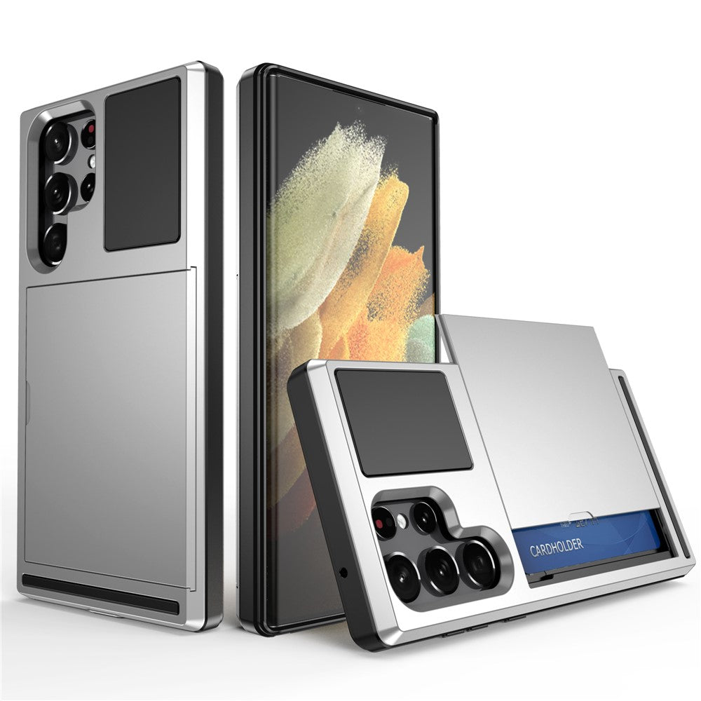 Skjutbart korthållarfodral för Samsung Galaxy S23 Ultra, fallsäkert PC + TPU-skyddsfodral