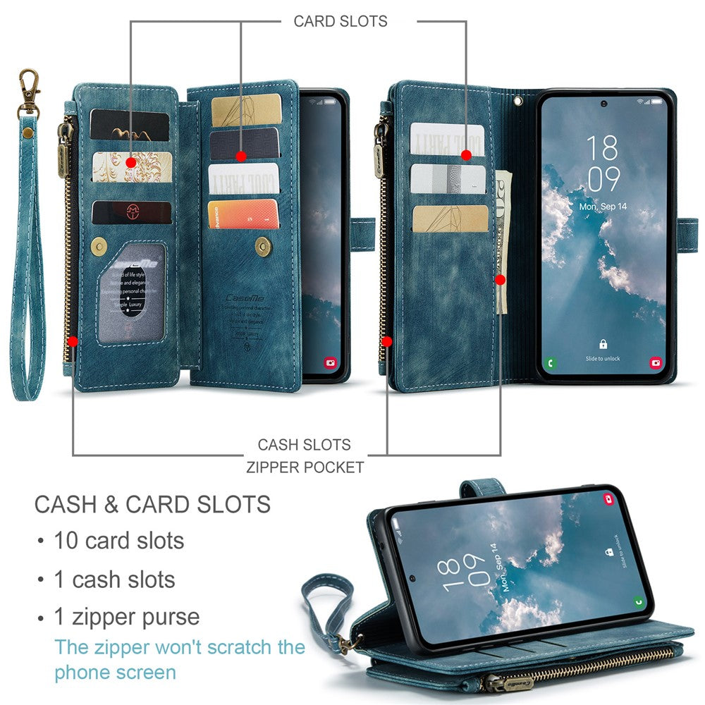For Samsung Galaxy A54 5G Phone Cases with Strap CASEME C30 Zipper Multiple Card Holder PU Leather Cover