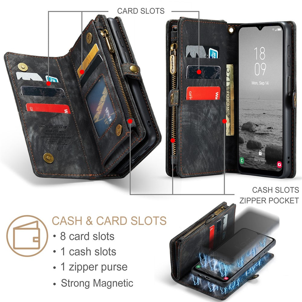 CASEME 008-serien för Samsung Galaxy A54 5G PU-läderfodral med dragkedja och ficka, avtagbart mobilställ, plånboksfodral