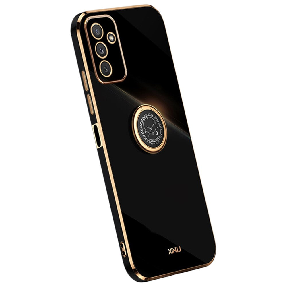 XINLI For Samsung Galaxy M23 5G / F23 5G Precise Lens Cutout Shockproof Phone Case with Ring Kickstand Electroplating Golden Edge Soft TPU Cover