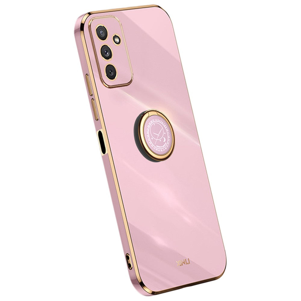 XINLI For Samsung Galaxy M23 5G / F23 5G Precise Lens Cutout Shockproof Phone Case with Ring Kickstand Electroplating Golden Edge Soft TPU Cover