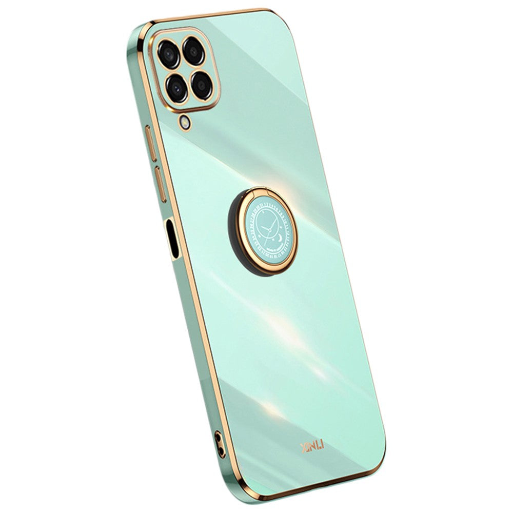 XINLI præcist telefoncover med objektivudskæring, ringstøttefod og galvaniseret guldkant i stødsikkert TPU til Samsung Galaxy M33 5G (global version)