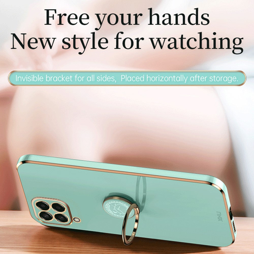 XINLI præcist telefoncover med objektivudskæring, ringstøttefod og galvaniseret guldkant i stødsikkert TPU til Samsung Galaxy M33 5G (global version)