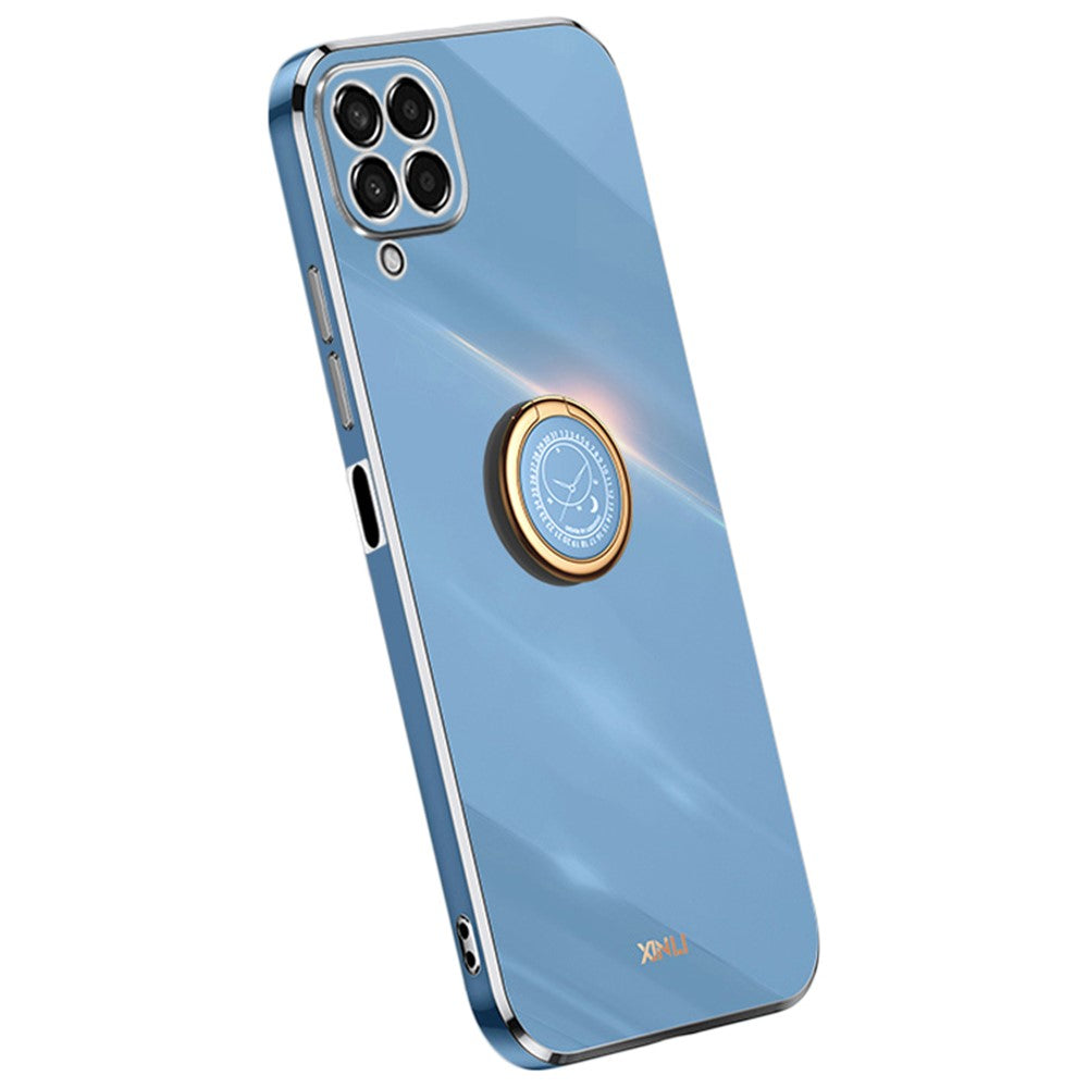 XINLI præcist telefoncover med objektivudskæring, ringstøttefod og galvaniseret guldkant i stødsikkert TPU til Samsung Galaxy M33 5G (global version)