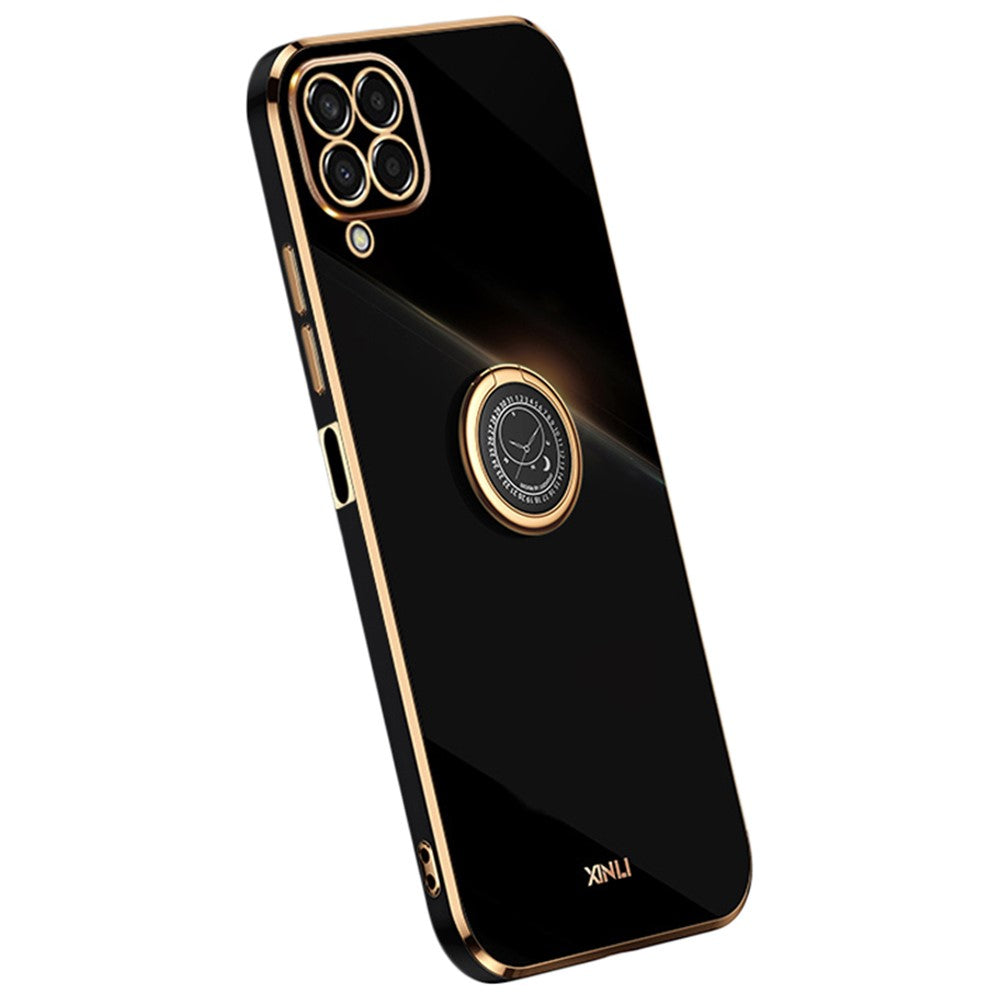 XINLI præcist telefoncover med objektivudskæring, ringstøttefod og galvaniseret guldkant i stødsikkert TPU til Samsung Galaxy M33 5G (global version)