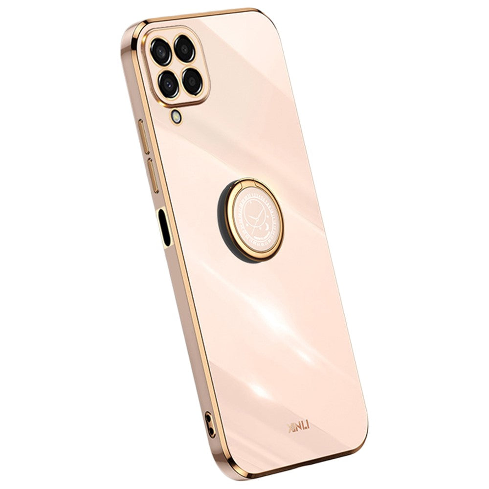XINLI præcist telefoncover med objektivudskæring, ringstøttefod og galvaniseret guldkant i stødsikkert TPU til Samsung Galaxy M33 5G (global version)