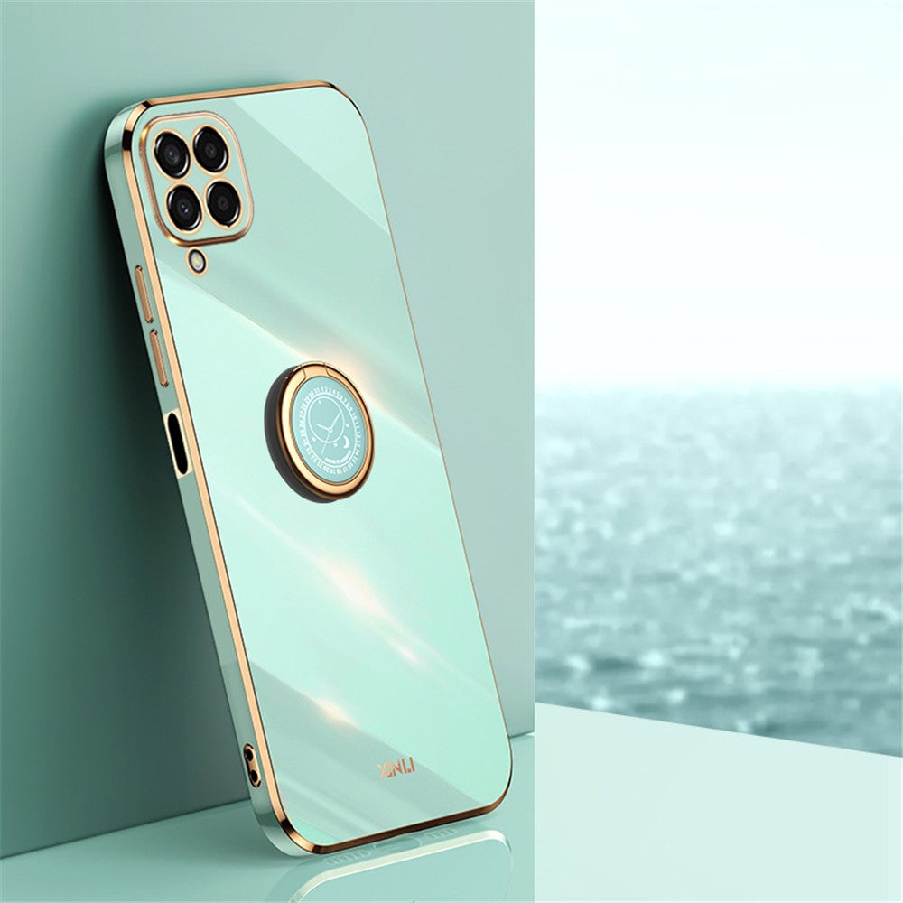 XINLI For Samsung Galaxy M53 5G Electroplating Golden Edge Soft TPU Cover Precise Lens Cutout Phone Case with Ring Kickstand