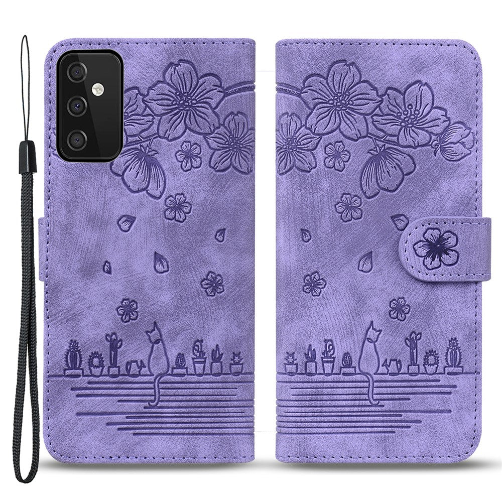 Til Samsung Galaxy A54 5G PU Læder Pung Etui Præget Kat Blomst Telefon Stand Cover med Rem