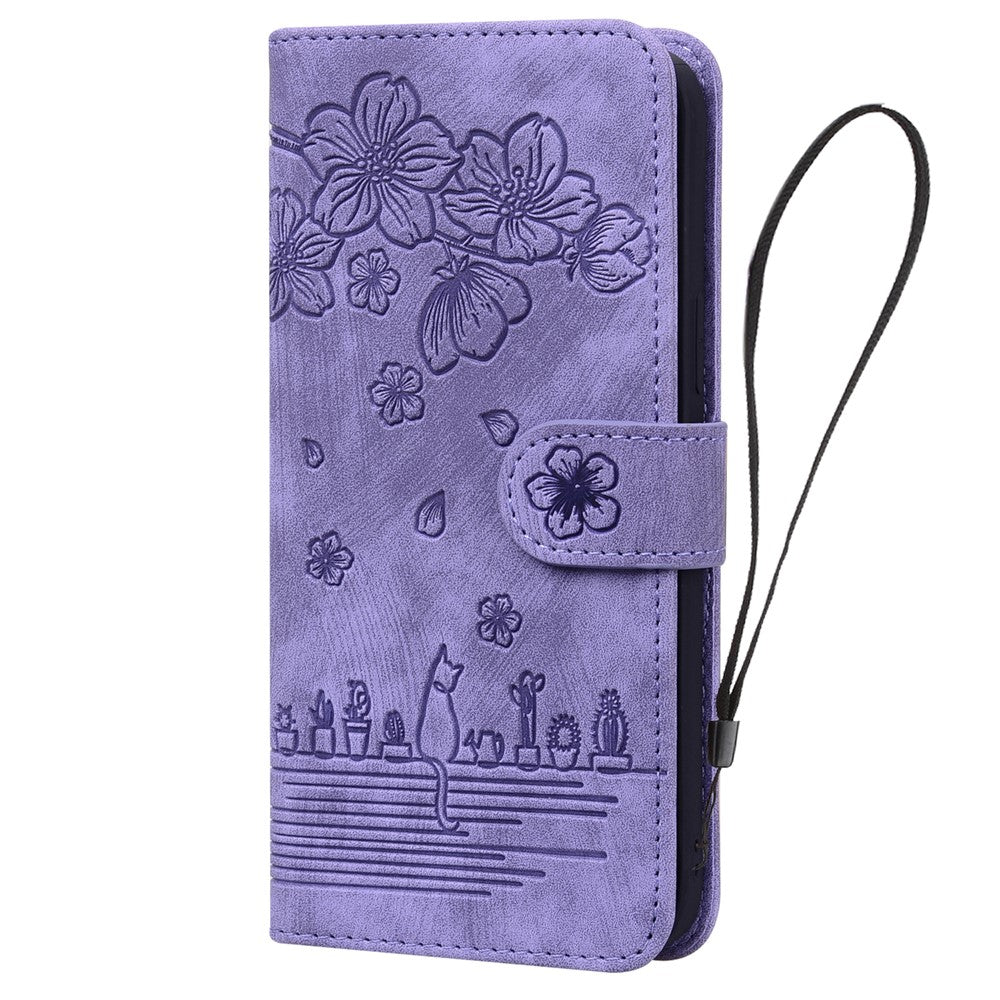 Til Samsung Galaxy A54 5G PU Læder Pung Etui Præget Kat Blomst Telefon Stand Cover med Rem