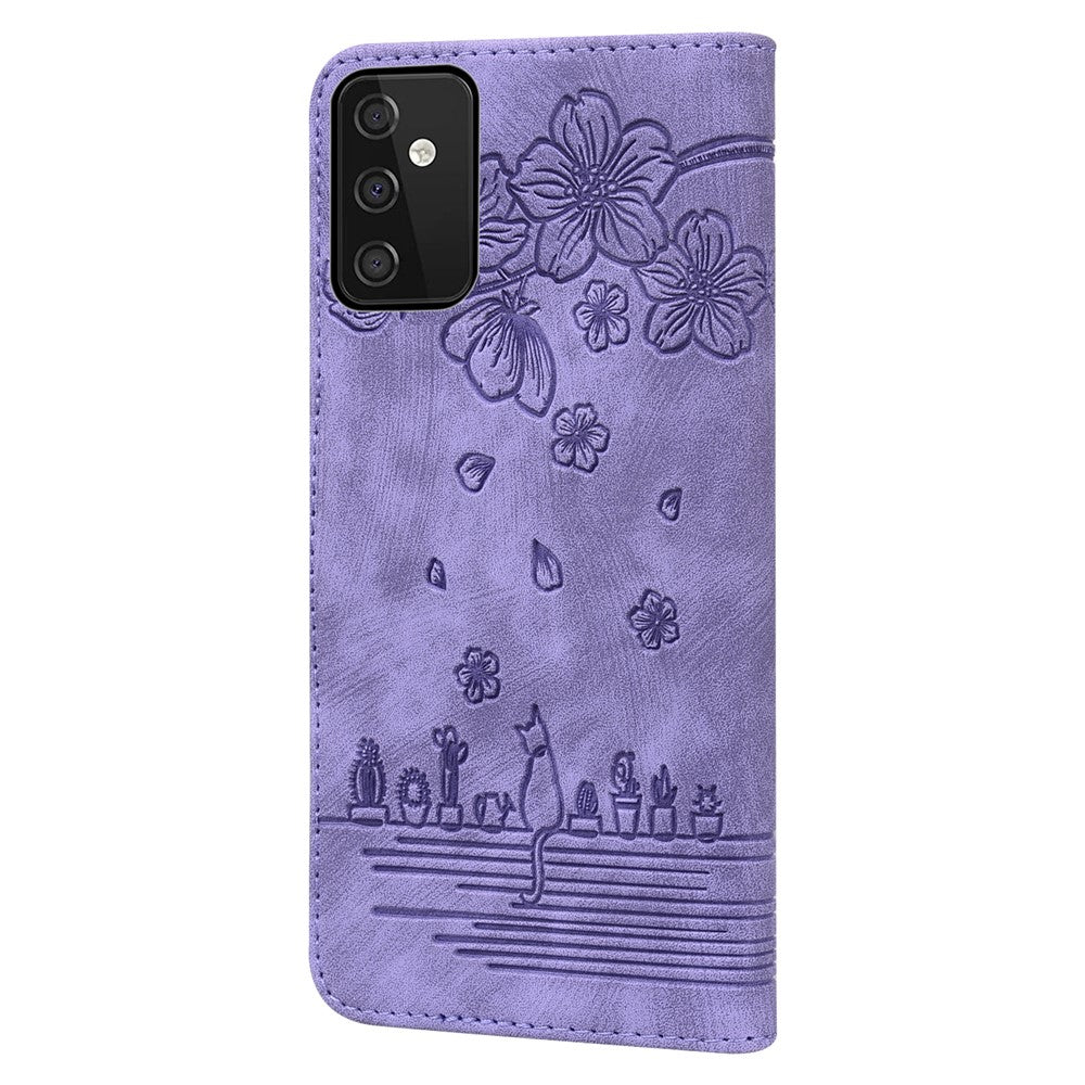 Til Samsung Galaxy A54 5G PU Læder Pung Etui Præget Kat Blomst Telefon Stand Cover med Rem