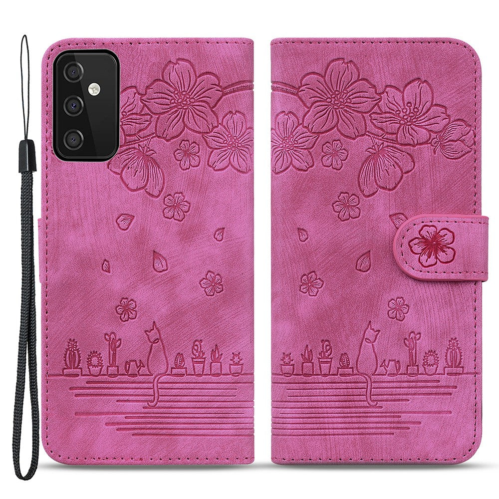 Til Samsung Galaxy A54 5G PU Læder Pung Etui Præget Kat Blomst Telefon Stand Cover med Rem
