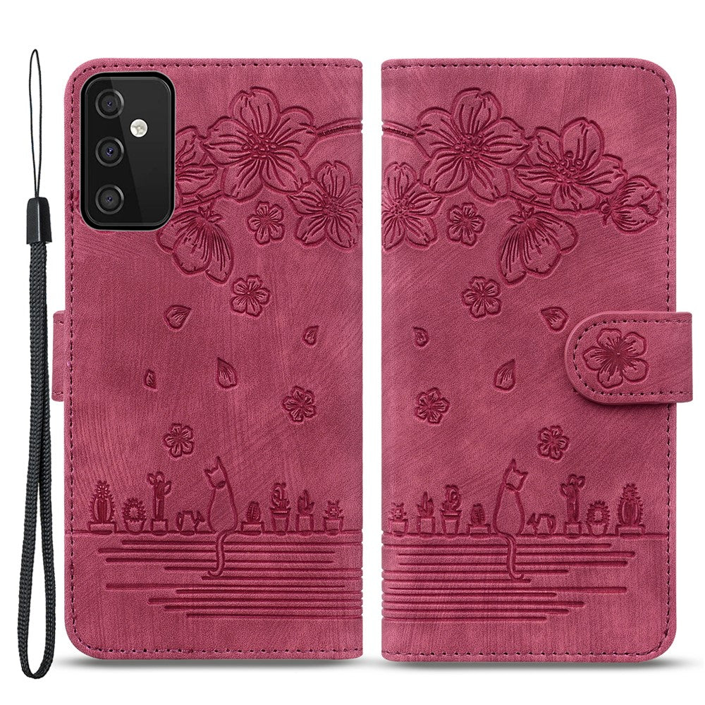 Til Samsung Galaxy A54 5G PU Læder Pung Etui Præget Kat Blomst Telefon Stand Cover med Rem