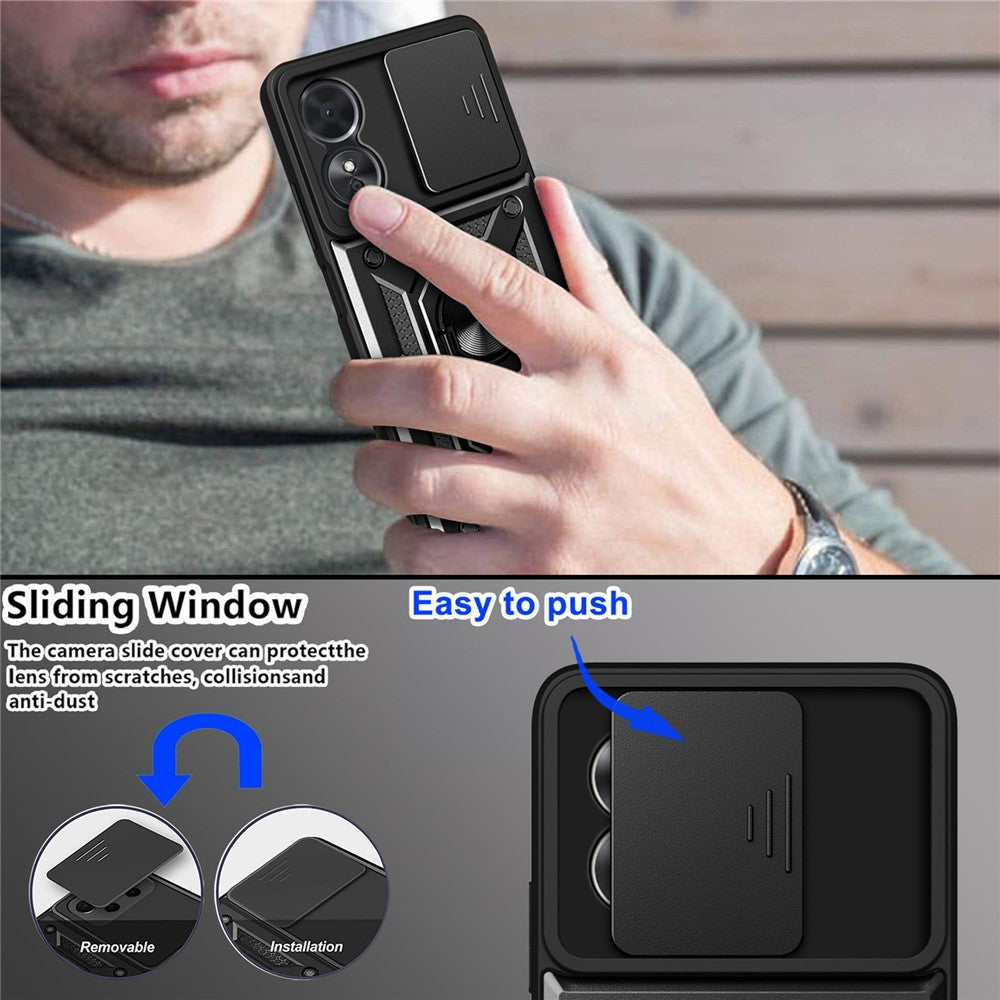 Anti-drop Phone Case For Oppo A17 4G, Ring Kickstand Mobile Phone Case with Slide Camera Lens Cover