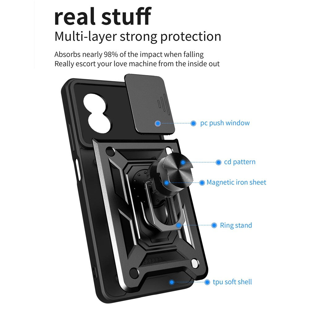 Anti-drop Phone Case For Oppo A17 4G, Ring Kickstand Mobile Phone Case with Slide Camera Lens Cover