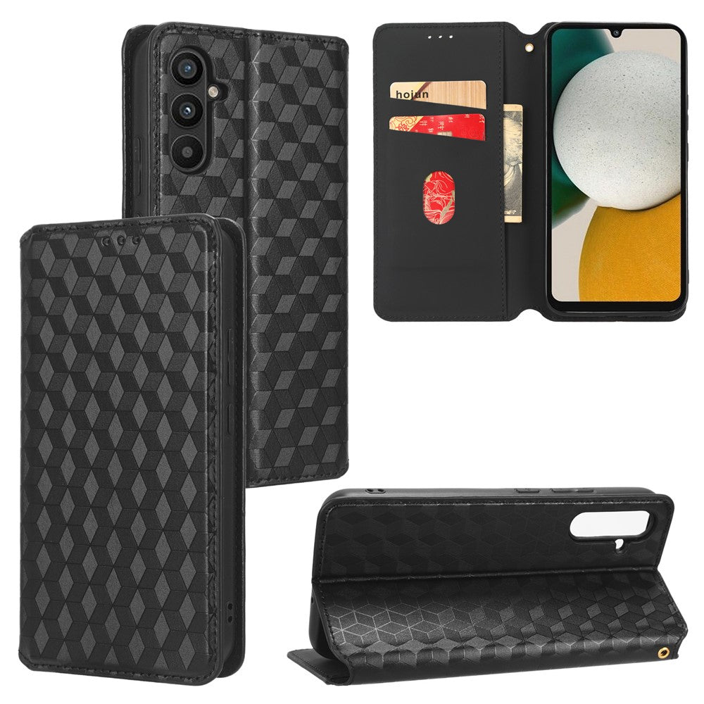 For Samsung Galaxy A34 5G Wallet Shockproof PU Leather Flip Phone Case Rhombus Pattern Imprinted Magnetic Closure Stand Cover