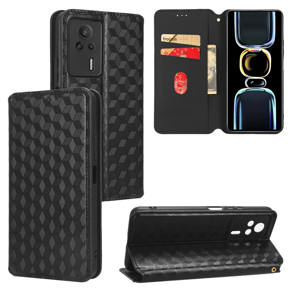 For Xiaomi Redmi K60E 5G Anti-Scratch Rhombus Pattern Imprinted PU Leather Phone Stand Wallet Cover Magnetic Phone Case
